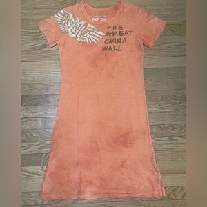 The Great China Wall Tie Dye Salmon Pink Embroidered Graphic T-Shirt Dress -Sz M